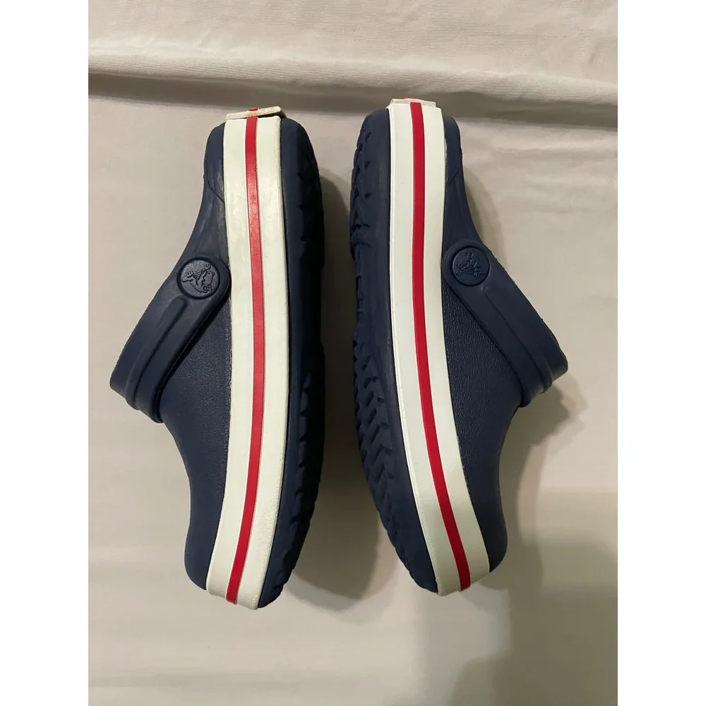 Crocs Clogs Kids Size 8-9 Navy Blue Crocband Sporty Racing Stripe Slip On Shoes
